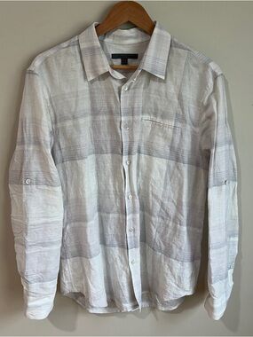 John Varvatos Linen Blend Button Shirt Mens M Plaid Lightweight Coastal L/S